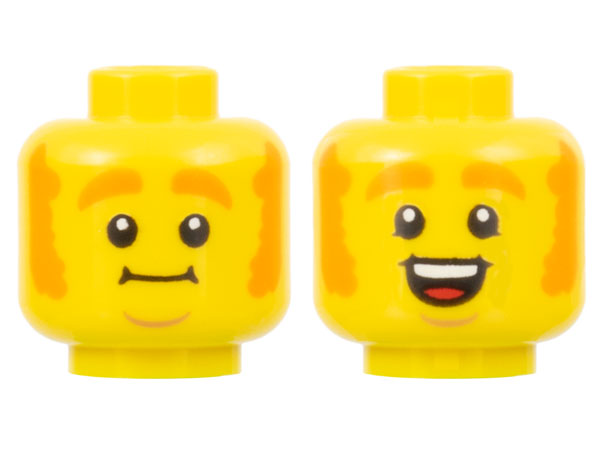 Minifigure, Head Dual Sided Orange Thick Eyebrows and Mutton Chops, Medium Nougat Chin Dimple, Neutral / Open Mouth Smile with Top Teeth and Red Tongue Pattern - Hollow Stud: {ярко жълт}