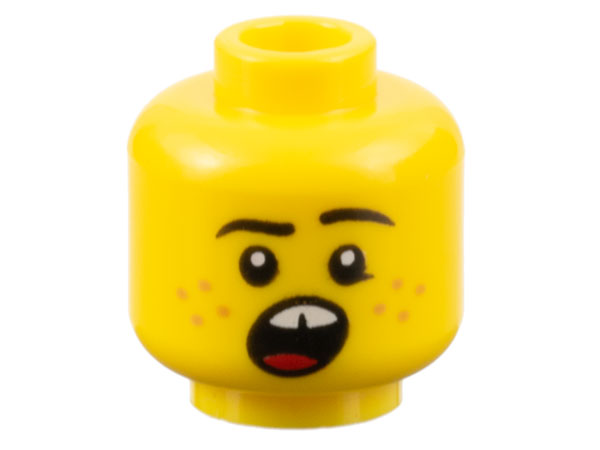 Minifigure, Head Black Eyebrows, Medium Nougat Freckles, Open Mouth with Gap in Teeth, Red Tongue Pattern - Hollow Stud: {ярко жълт}