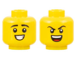 Minifigure, Head Dual Sided, Black Eyebrows, Smile with Teeth / Angry with Teeth and Tongue Pattern - Hollow Stud: {ярко жълт}