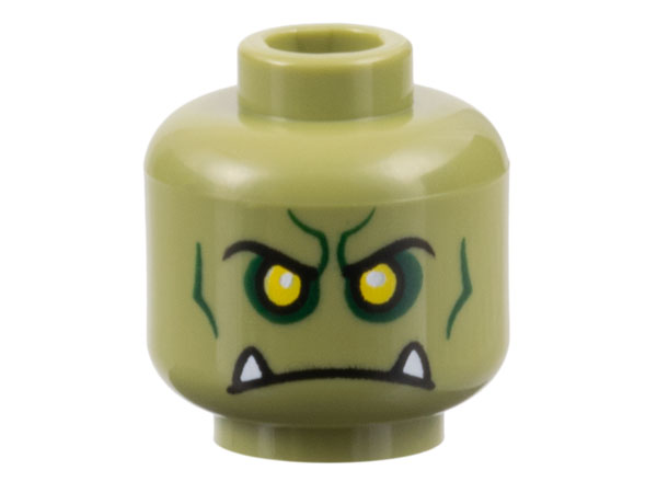 Minifigure, Head Alien Orc with Yellow Eyes, Black Eyebrows, Dark Green Contours and Eye Shadow, and Frown with White Lower Fangs Pattern - Hollow Stud: {маслинено зелен}