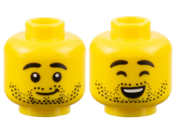 Minifigure, Head Dual Sided Black Eyebrows and Stubble, Grin / Closed Eyes, Open Mouth Smile with Top Teeth Pattern - Hollow Stud: {ярко жълт}