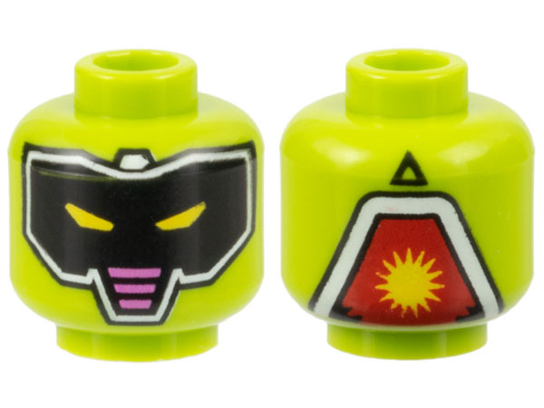 Minifigure, Head Alien Robot, Black Mask with White Outline, Yellow Slit Eyes, Dark Pink Stripes Pattern - Hollow Stud: {ярко жълто-зелен}