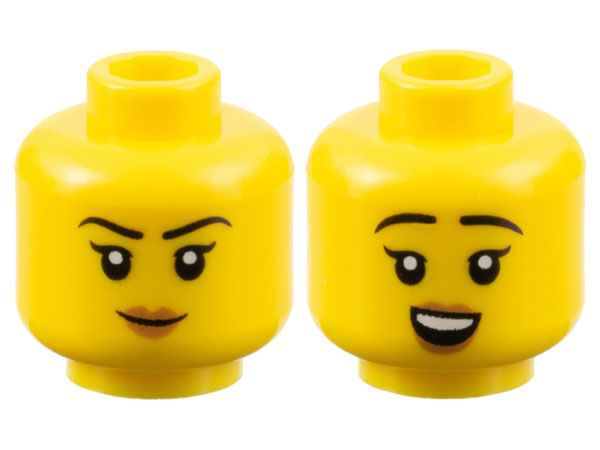 Minifigure, Head Dual Sided Female Black Eyebrows, Medium Nougat Lips, Neutral / Open Mouth Smile with Top Teeth Pattern - Hollow Stud: {ярко жълт}