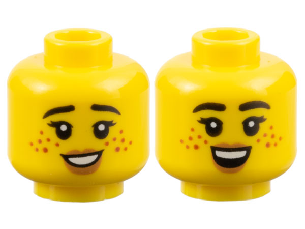 Minifigure, Head Dual Sided Female Black Eyebrows, Eyelashes, Dark Orange Freckles, Medium Nougat Lips, Open Mouth Smile with Teeth / Top Teeth Pattern - Hollow Stud: {ярко жълт}