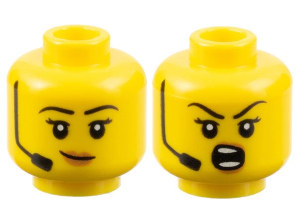 Minifigure, Head Dual Sided Female Black Eyebrows and Headset, Medium Nougat Lips, Lopsided Grin / Shouting Pattern - Hollow Stud: {ярко жълт}