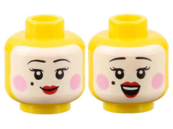 Minifigure, Head Dual Sided Female White Face, Black Eyebrows, Beauty Mark, Bright Pink Circles on Cheeks, Red Lips, Grin / Open Mouth Smile with Top Teeth Pattern - Hollow Stud: {ярко жълт}