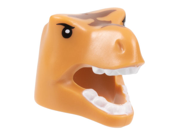 Minifigure, Headgear Head Cover, Costume Tyrannosaurus rex / Dragon with Black Eyes, Reddish Brown Stripes, and White Teeth Pattern: {умерен нуга}
