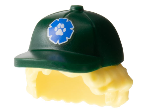 Minifigure, Hair Combo, Hair with Hat, Bushy Hair with Dark Green Ball Cap with Blue Patch with White Paw Pattern: {студено жълт}