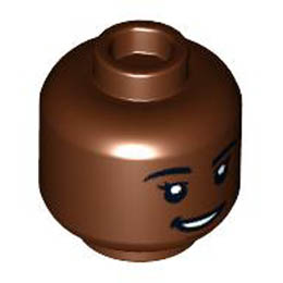 Minifigure, Head Dual Sided Female, Black Eyebrows, Dark Brown Chin Dimple, Open Mouth, Lopsided Smile / Scared Pattern - Hollow Stud : {червеникаво-кафяв}