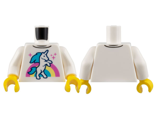 Torso Shirt with Unicorn, Sparkles, and Dark Pink, Bright Light Yellow, and Medium Azure Rainbow Pattern / White Arms / Yellow Hands: {бял}