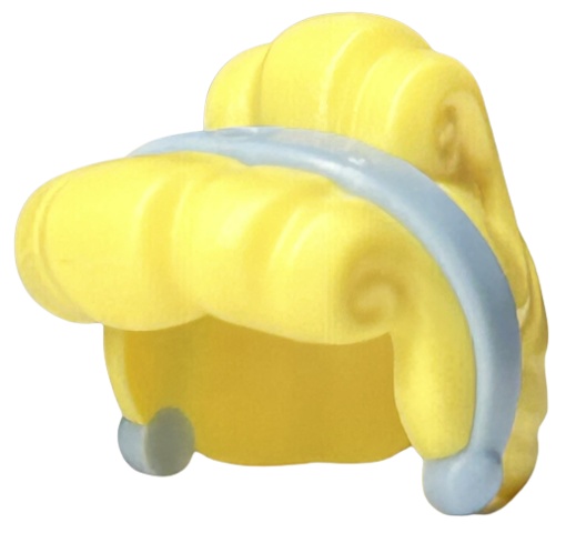 Minifigure, Hair Female Curled Fringe and Bun, Hole on Top with Molded Bright Light Blue Band and Earrings Pattern: {студено жълт}