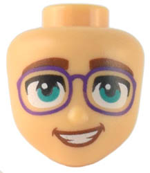 Mini Doll, Head Friends with Thick Reddish Brown Eyebrows, Dark Turquoise Eyes, Dark Purple Glasses, and Open Mouth Smile with Teeth Pattern : {умерен тан}