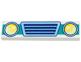 Tile 1 x 4 with Bright Light Blue Vehicle Grille, Yellowish Green and Yellow Headlights, and Dark Turquoise Bumper Pattern: {бял}
