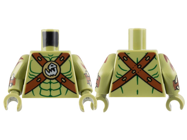 Torso Bare Chest, Dark Green Contour Lines, Reddish Brown Crossbelts with Skull Clasp Pattern / Olive Green Arms with Reddish Brown Cuffs and Zig Zag Tattoos Pattern / Olive Green Hands: {маслинено зелен}