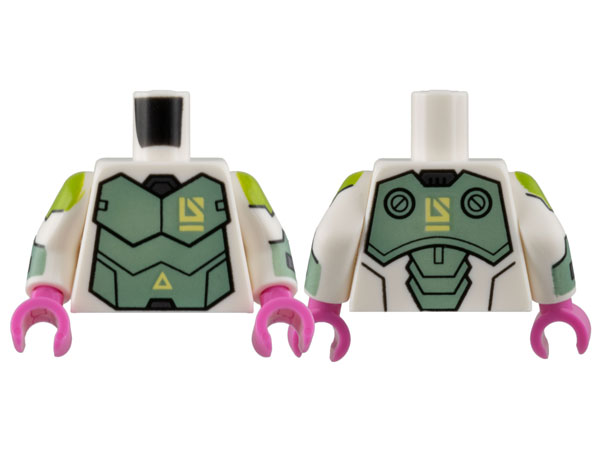 Torso Armor Sand Green Breastplate, Bright Light Yellow Triangle and Logo Pattern / White Arms with Lime and Sand Green Armor Pattern / Dark Pink Hands: {бял}