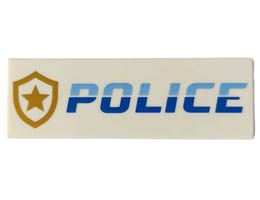 Tile 2 x 6 with Bright Light Blue and Blue POLICE and Gold Star Badge Logo Pattern: {бял}