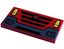 Tile 2 x 4 with Yellow Headlights, Black Grille with Silver Fire Logo Badge, and Dark Bluish Gray Bumper Pattern: {ярко червен}