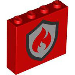 Brick 1 x 4 x 3 with Black and Silver Fire Logo Badge Pattern: {ярко червен}