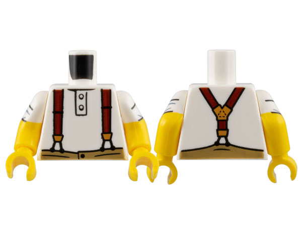 Torso Shirt with 2 Buttons, Dark Red Suspenders with Gold Clasps, Dark Tan Pants Pattern / Yellow Arms with White Short Sleeves, Rolled Pattern / Yellow Hands: {бял}