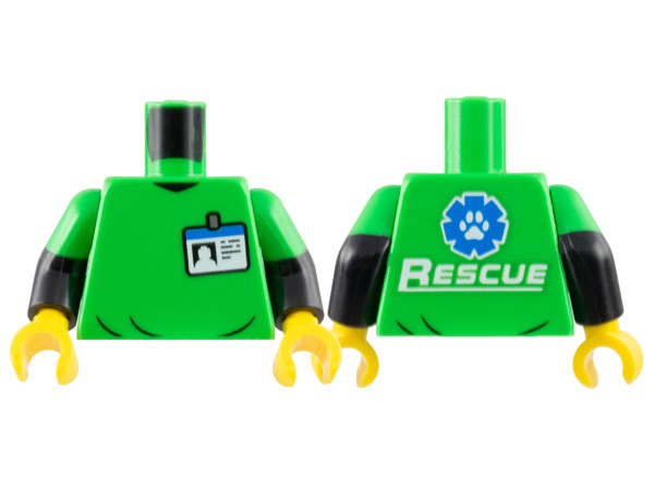 Torso Shirt with Name Badge, White and Blue 'RESCUE' and Paw Print Logo on Back Pattern / Black Arms with Molded Bright Green Short Sleeves Pattern / Yellow Hands: {ярко зелен}