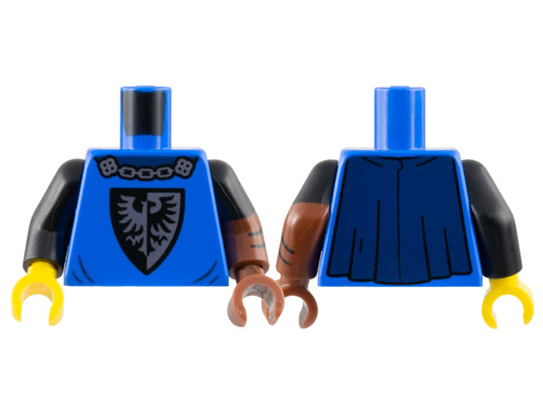 Torso Black Falcon with Silver Chain, Dark Blue Cape Pattern / Reddish Brown Arm Left with Black Short Sleeve and Chevrons Pattern / Black Arm Right / Reddish Brown Hand Left / Yellow Hand Right: {ярко син}