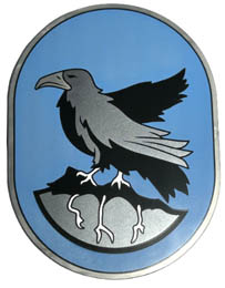 Tile, Round 6 x 8 Oval with Ravenclaw Crest with Black and Pearl Dark Gray Eagle and Rock with Roots on Medium Blue Background Pattern : {сребърно метален}