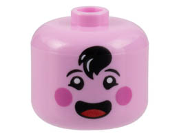 Minifigure, Head, Modified Giant, Black Hair Tuft, Dark Pink Cheeks, Open Mouth with Red Tongue Pattern - Vented Stud: {светло пурпурен}