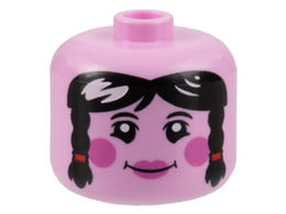 Minifigure, Head, Modified Giant, Female Black Hair with Braids, Dark Pink Cheeks and Lips Pattern - Vented Stud: {светло пурпурен}