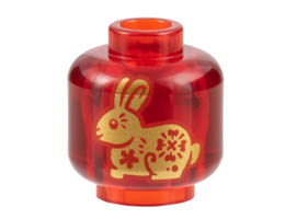 Minifigure, Head without Face with Gold Rabbit Pattern on Both Sides - Vented Stud: {прозрачно червен}