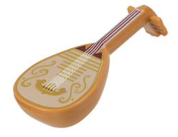 Minifigure, Utensil Musical Instrument, Lute with Dark Red Neck, White Strings, and Tan Body with Gold Filigree Trim Pattern: {умерен нуга}