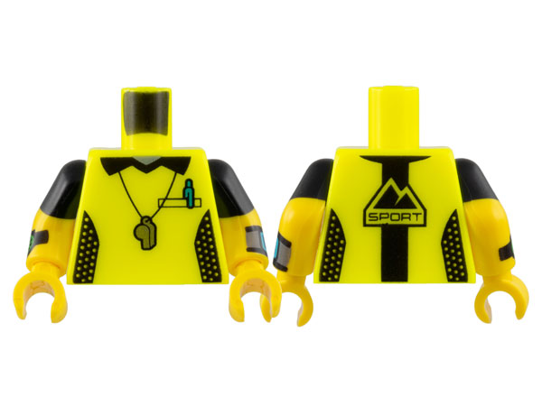 Torso Shirt with Black Collar and Side Panels, Silver Whistle, Dark Turquoise Pen, 'SPORT' on Back Pattern / Yellow Arms with Black Short Sleeves, Watches Pattern / Yellow Hands: {пъстро жълт}