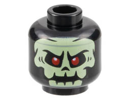 Minifigure, Head Alien Yellowish Green Skull with Red Eyes Pattern - Hollow Stud: {черен}