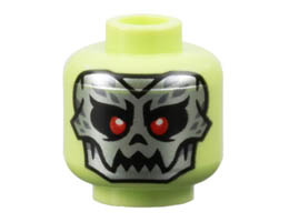 Minifigure, Head Alien Silver Skull with Red Eyes Pattern - Hollow Stud: {пролетно жълто-зелен}