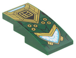 Slope, Curved 4 x 2 with Black and Gold Armor, Circles, Ninjago Logogram L, and Medium Azure and White Headlight Pattern: {земно зелен}