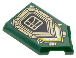 Tile, Modified 2 x 3 Pentagonal with Black and Gold Shield, Ninjago Logogram L, and Lime and White Light Pattern: {земно зелен}