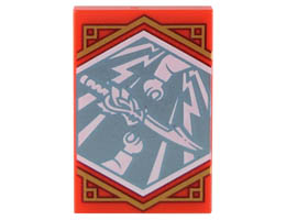 Tile 2 x 3 with White Dragon Sword and Minifigure Arms on Metallic Light Blue Background with Gold Trim Pattern (Ninjago Generosity Banner) : {ярко червен}