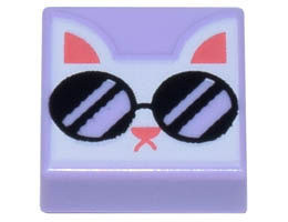 Tile 1 x 1 with Groove with White Cat Head with Black Sunglasses and Coral Ears, Nose, and Mouth Pattern: {лавандулов}