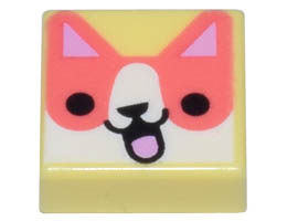 Tile 1 x 1 with Groove with Coral and White Dog Head with Bright Pink Ears, Black Nose, and Open Mouth with Tongue Pattern: {студено жълт}