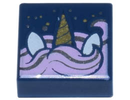 Tile 1 x 1 with Groove with Gold Unicorn Horn, White Ears, Bright Pink and Silver Mane, and Sparkles Pattern: {земно син}