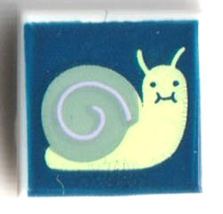 Tile 1 x 1 with Groove with Yellowish Green Snail with Sand Green Shell on Dark Blue Background Pattern: {бял}