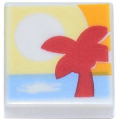 Tile 1 x 1 with Groove with Bright Light Yellow and Orange Sunset, Bright Light Blue Water, and Red Palm Tree Pattern: {бял}