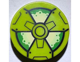 Tile, Round 2 x 2 with Bottom Stud Holder with Black, Green and Yellowish Green Radioactivity Warning Pattern: {ярко жълто-зелен}