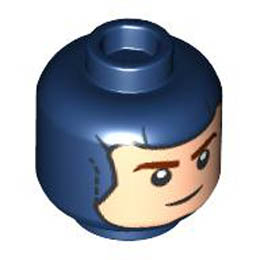 Minifigure, Head Dual Sided Balaclava, Light Nougat Face with Reddish Brown Eyebrows, Smile / Angry Pattern - Hollow Stud: {земно син}