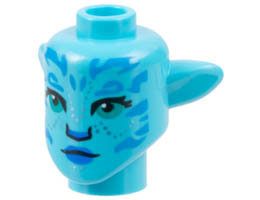 Minifigure, Head, Modified Alien Navi with Dark Turquoise Eyes, Dark Azure Markings, Silver Spots, Blue Lips, Neutral Pattern: {умерено небесносин}