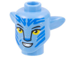 Minifigure, Head, Modified Alien Navi with Yellow Eyes, Silver Spots, Blue Markings, Open Mouth Smile with Teeth Pattern: {умерено син}