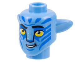 Minifigure, Head, Modified Alien Navi with Yellow Eyes, Silver Spots, Blue Markings, Lopsided Open Mouth Smile with Teeth Pattern: {умерено син}
