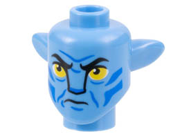 Minifigure, Head, Modified Alien Navi with Yellow Eyes, Blue Markings, Frown Pattern: {умерено син}