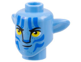 Minifigure, Head, Modified Alien Navi with Yellow Eyes, Silver Spots, Blue Markings, Smirk with Left Corner Lifted Pattern: {умерено син}