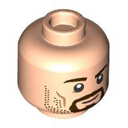 Minifigure, Head Dual Sided Dark Brown Eyebrows, Goatee and Stubble Beard, Medium Nougat Cheek Lines, Grin / Scowl Pattern - Hollow Stud : {светло нуга}