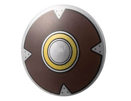 Minifigure, Shield Circular Convex Face with Silver, Gold, and Dark Brown Concentric Rings Pattern: {сребърно метален}